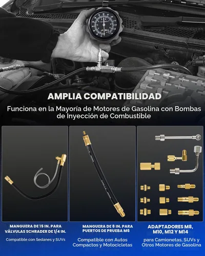 Vista 4 de Kit de prueba de presión de combustible Orion Motor Tech, probador de presión de combustible con manómetro de presión de combustible de 0-140 psi