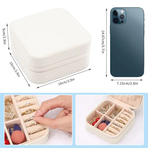 Vista 3 de Mini joyero portátil de viaje de cuero para joyas de anillo organizador caja de regalo de almacenamiento para niñas y mujeres (blanco).