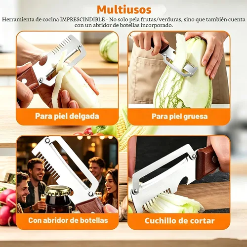 Vista 5 de Paquete de 2 peladores multifuncionales de verduras, 3 en 1, pelador de mango de madera multifuncional y abridor de botellas, rallador y abridor