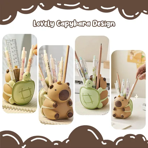 Vista 2 de Geluode Capybara con soporte para lápices de resina de tortuga, organizador de escritorio de diseño animal, soporte para bolígrafos de papelería