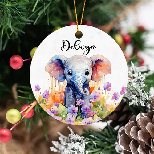 Vista 3 de Adorno de elefante de Navidad 2025, lindo adorno de elefante personalizado para árbol de Navidad, adornos de elefantes florales para bebés, regalos