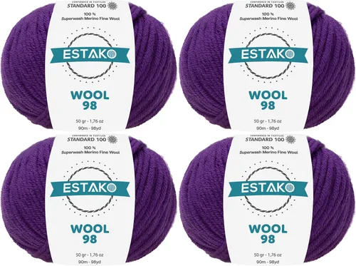 Vista 36 de Estako Wool 98 (paquete de 4 madejas) 100% lana merino superwash lana merino de peso medio suave hilo para tejer y ganchillo (4 x 1.76 onzas)