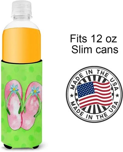 Vista 4 de Caroline's Treasures BB8220MUK - Chanclas color rosa con lunares verdes, ultra Hugger para latas delgadas, funda enfriadora de latas verdes, lavable