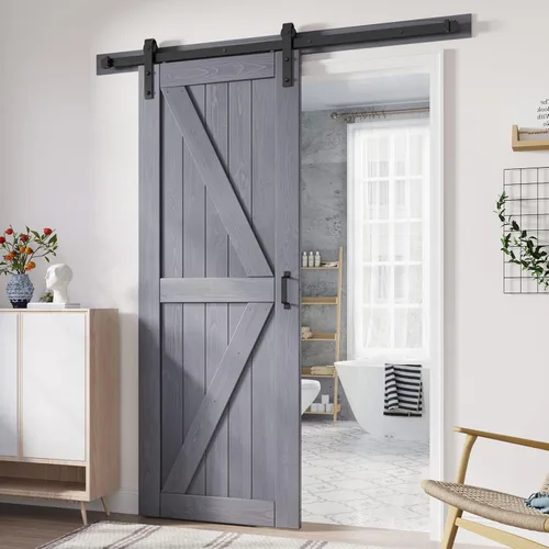 Vista 14 de FREDBECK Puertas dobles grises de 24 x 84 pulgadas, puerta de granero de 48 pulgadas con kit de herrajes para puerta de granero de 8 pies incluido