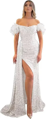 Vista 38 de Vestidos de fiesta de lentejuelas con hombros descubiertos, vestido formal de sirena brillante, vestido largo de fiesta de noche con abertura