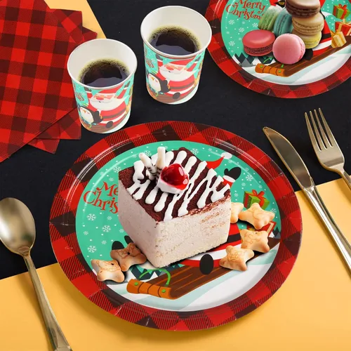 Vista 4 de DIYASY Platos y servilletas de papel de Navidad, paquete de 96 platos desechables, platos de cena de postre de Navidad resistentes a granel para 24