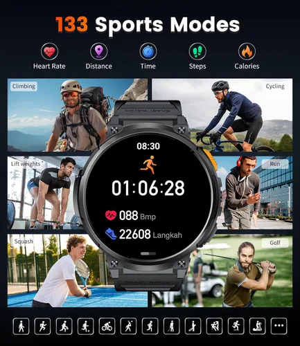 Vista 7 de ESFOE Relojes inteligentes de pantalla grande de 1.85 pulgadas para hombre, compatibles con iOS Android, linterna LED, batería grande de 730 mAh