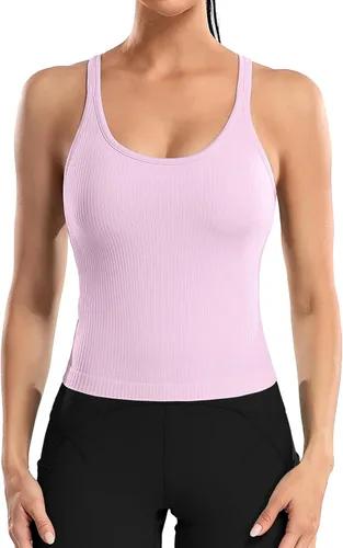 Vista 122 de ATTRACO Camiseta corta acanalada de entrenamiento para mujer con brasier integrado para yoga, espalda cruzada, ajuste ajustado