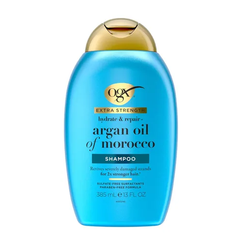 Vista 3 de OGX Champú de fuerza extra hidratante y reparación + aceite de argán de Marruecos para cabello seco y dañado, aceite de argán prensado en frío