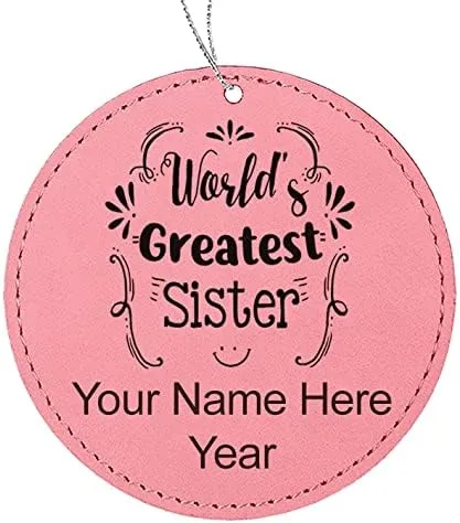 Vista 3 de LaserGram Personalized Christmas Ornament, World's Greatest Sister, Faux Leather, Custom Laser Engraved Gift Idea (Round Shape, Black with Gold)