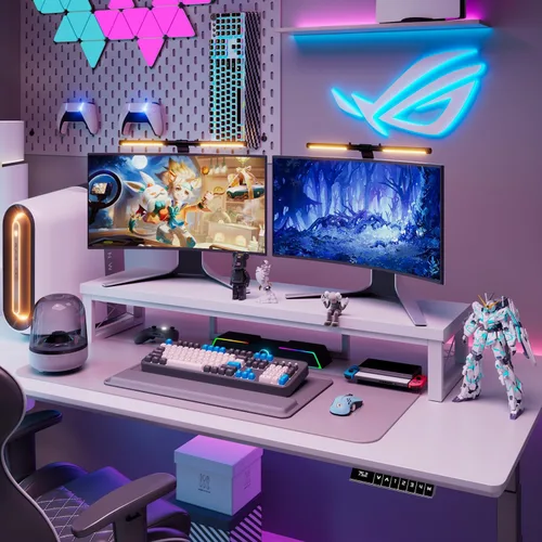 Vista 7 de IBUYKE Soporte elevador grande para monitor doble para 2 monitores, soporte de madera para monitor de computadora de escritorio, estante de Blanco