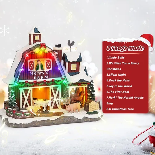Vista 7 de Aldea Navideña Musical de Granja con Iluminación LED - Granero de Granja de 10.4", Gran Edificio Coleccionable de Navidad con Modos Duales de Luz