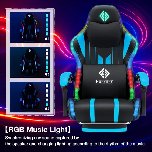 Vista 3 de HOFFREE Silla Gaming con Luces LED RGB de Ritmo Musical y Altavoces Bluetooth Silla Ergonómica de Gaming para Computadora con Masaje y Reposapiés