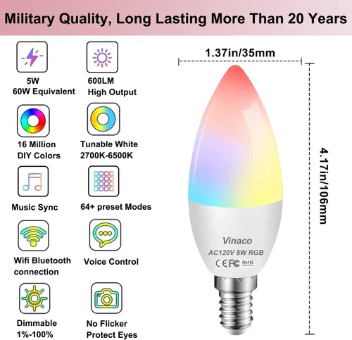 Vista 2 de Bombilla LED inteligente Vinaco E12 5W 600LM B11 RGB para Alexa y Google 4Pack,Dimmable,WiFi&Bluetooth Dual Connection,Multi Scene