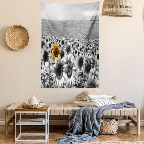 Vista 6 de Lunarable Tapiz moderno, campo de girasol, blanco y negro, una sola flor amarilla, paisaje, individualidad, decoración de tela para colgar