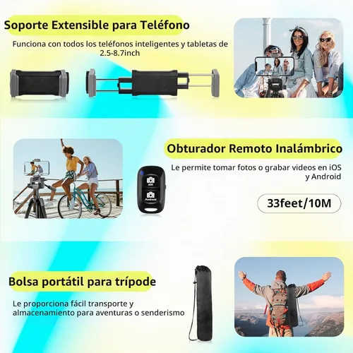 Vista 5 de SENSYNE Trípode para Cámara de 64", Trípode Versátil para Teléfono e iPad con Control Remoto Inalámbrico y Soporte de Teléfono 2 en 1