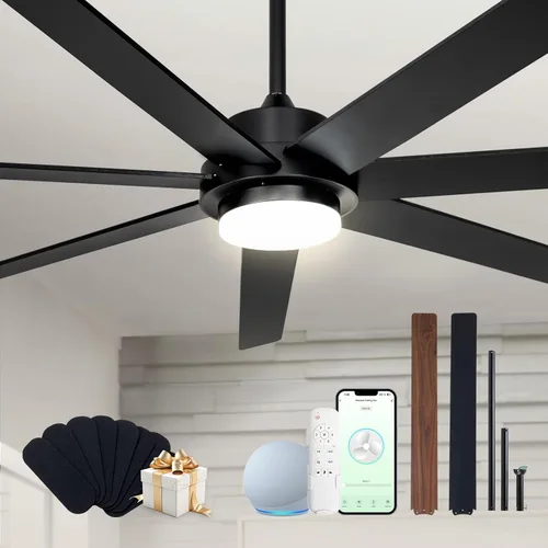 Vista 19 de Ventilador Celing de 72 pulgadas con luz y control remoto, ventilador grande con 8 cuchillas de aluminio negro, motor CC silencioso de 6