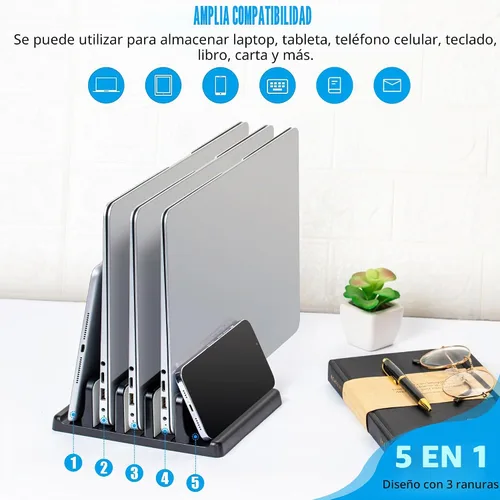 Vista 3 de Ryvlan Soporte vertical para laptop, almacenamiento ajustable de 3 ranuras para laptop con acolchado de goma, soporte múltiple para computadora