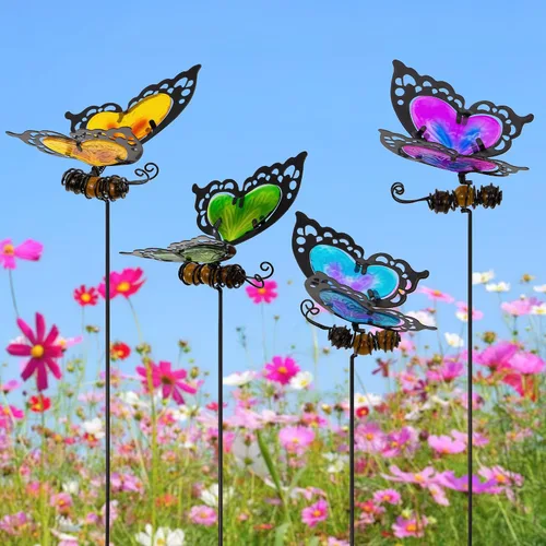 Vista 16 de Estacas de jardín de mariposas, kit de mariposa hecho de vidrio y metal, mariposas coloridas decoraciones de jardín pueden hacer que el jardín esté