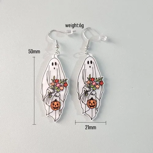 Vista 2 de Aretes colgantes de acrílico de acetato de calabaza, fantasma, murciélago, colgante, creativo, palma, globo ocular, telaraña, para mujeres y niñas