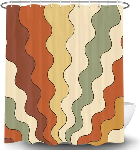 Vista 13 de Neutral Muted Earth Tone Wavy Shower Curtain Mid Century Modern Sage Taupe Blush Abstract Boho Bathroom Curtain Set with Hooks 36x72 Inch