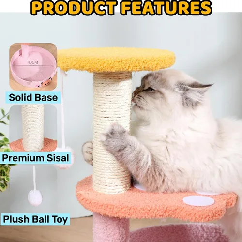 Vista 4 de Lindo árbol de gato de peluche decorativo para gatos, torre de dibujos animados, divertida plataforma de diversión, rascador de sisal natural