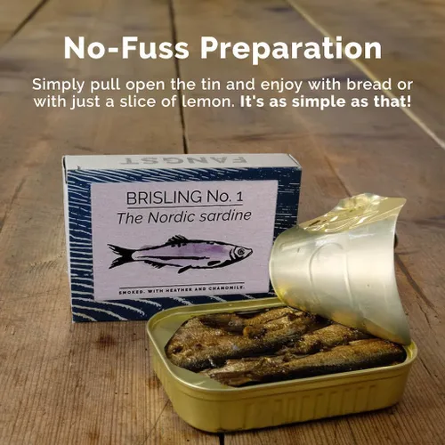 Vista 5 de Fangst Brisling No. 1 Sardinas nórdicas en lata ahumadas con brezo y manzanilla 3 latas de 3.53 oz