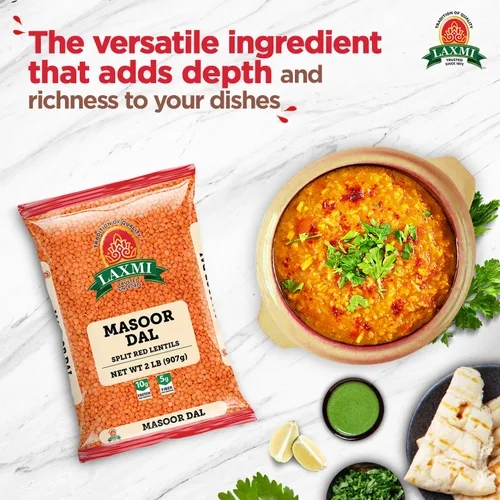 Vista 3 de Laxmi Masoor Dal o lentejas rojas, 2 libras Lentejas Masoor dal puras Lentejas rojas partidas premium Una fuente natural de proteínas