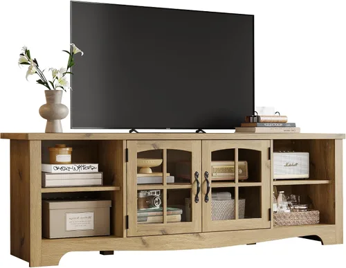 Vista 12 de LINSY HOME Soporte de TV estilo granja para TV de 65 pulgadas, centro de entretenimiento de madera con gabinete de almacenamiento con puerta