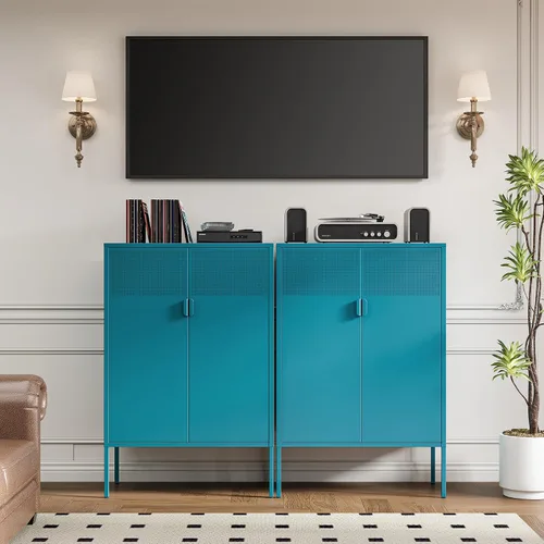 Vista 104 de Gabinete de almacenamiento de metal ancho negro, gabinete de acento de 2 puertas para el hogar y la oficina, gabinete de metal bajo de 2 niveles
