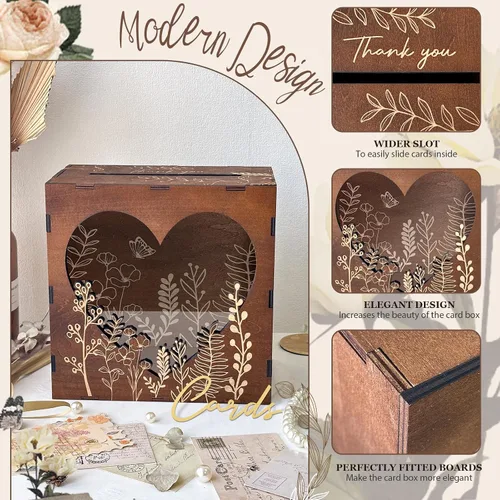 Vista 4 de Caja de tarjetas de boda marrón OurWarm para recepción con ventana acrílica en forma de corazón, caja de regalo de madera para boda
