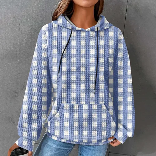 Vista 2 de Ceboyel Sudaderas con capucha de punto gofre para mujer, sudaderas con cordón de ajuste, suéteres casuales de moda, cómodos trajes de otoño