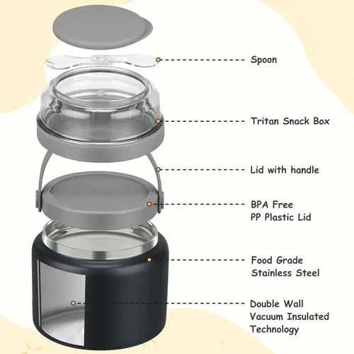 Vista 4 de Termo 2 en 1 para alimentos calientes con contenedor de bocadillos Tritan de 13.5 oz, tarro de alimentos aislado para almuerzo de niños, tarro