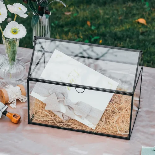 Vista 5 de NCYP - Caja de tarjetas de vidrio con tapa para micro boda, cumpleaños, recepción de fiesta, 10.2 x 5.9 x 8.2 pulgadas, tarjetero con forma de casa