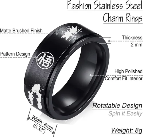 Vista 6 de YWDREAM Anillos de anime para hombres, joyería de anime, anillo giratorio de acero inoxidable negro, tamaño 6 a 13, Acero inoxidable, Resina
