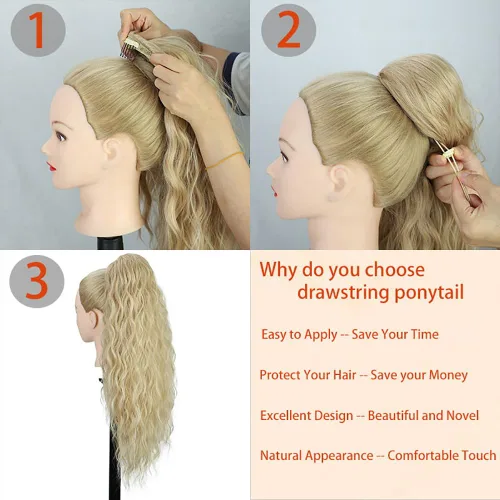 Vista 4 de Extensión de cola de caballo rubio con cordón para mujer, larga y rizada de 26 pulgadas, extensiones de cabello sintético natural, extensiones