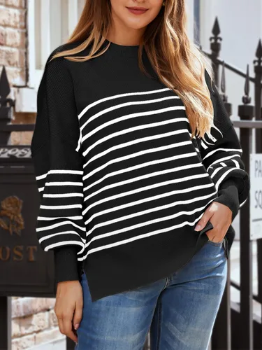 Vista 110 de Lillusory - Suéter extragrande con mangas de murciélago y cuello redondo para mujer, prenda moderna de otoño de tejido de punto sin botones