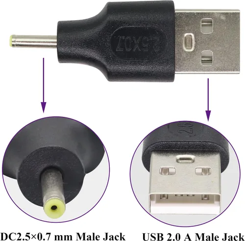 Vista 3 de Paquete de 2 adaptadores de corriente USB a CC de 2.5 × 0.028 in USB 2.0 A macho a CC 2.5 × 0.028 in macho Conector de barril de carga de corriente