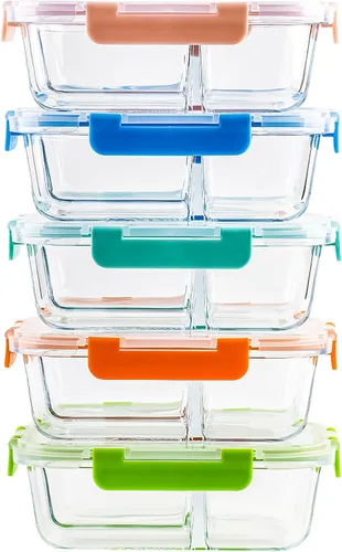 Vista 8 de [Paquete de 5, 34 onzas] Juego de recipientes de vidrio con tapa y 2 compartimentos Glass Storage Containers, Airtight Lunch Boxes with 2 Dividers