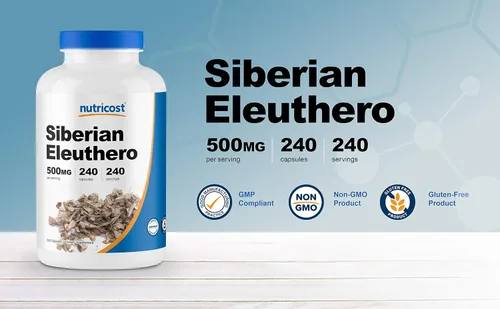 Vista 4 de Nutricost Eleuthero siberiano 500 mg, 240 cápsulas (2 botellas) - Eleutherococcus Senticosus - Sin gluten y sin OMG