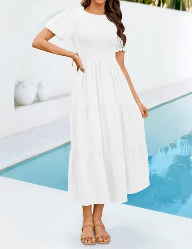 Vista 7 de ZESICA Vestido midi casual de verano para mujer, cuello redondo, manga corta abombada, cintura alta, volantes, escalonado, acampanado, para mujer