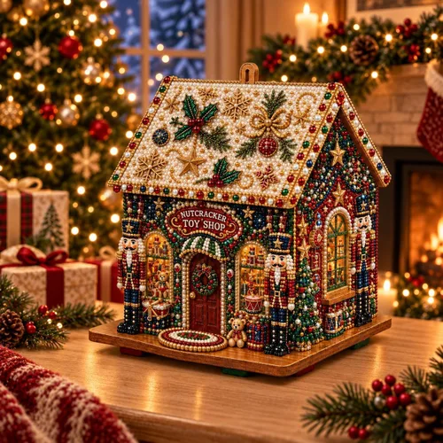 Vista 7 de Kit de pintura de diamante de casa de Navidad 3D para adultos, arte