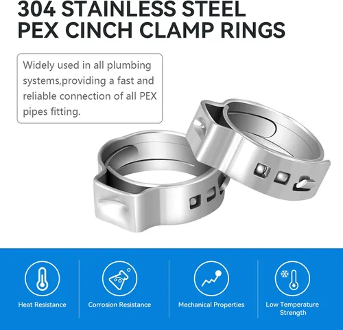 Vista 2 de Paquete de 100 anillos de abrazadera Pex de 1/2 pulgada, anillo de crimpado PEX de acero inoxidable 304 premium, abrazaderas de ajuste Pex