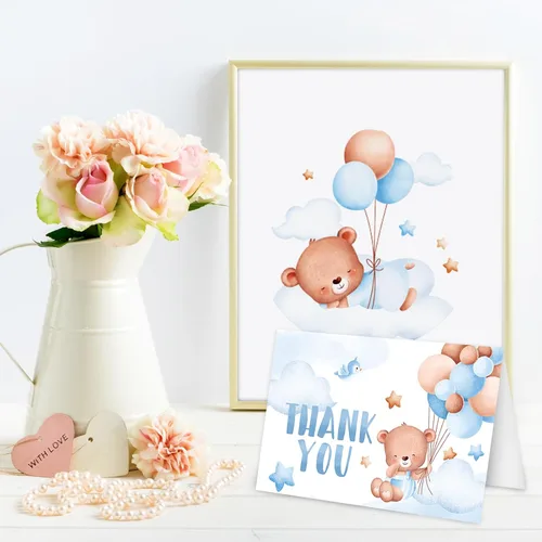Vista 5 de AnyDesign Tarjetas de agradecimiento de oso para baby shower, paquete de 30 tarjetas de felicitación con globos de oso azul de dibujos animados