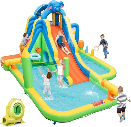 Vista 9 de HONEY JOY Tobogán acuático inflable, tobogán acuático de elefante 9 en 1 para patio trasero de niños, piscina de chapoteo, punta de tac, pared