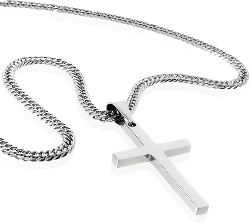 Vista 3 de Tuewut Collar de cruz para hombre, collar con colgante de cruz lisa de acero inoxidable plateado y dorado para hombre, cadena cubana de 18 a 26