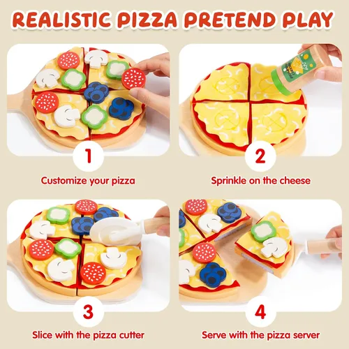 Vista 5 de WOODMAM Montessori - Juego de juguetes de pizza, comida realista con caja de horno, juguetes educativos de aprendizaje para niños en edad preescolar