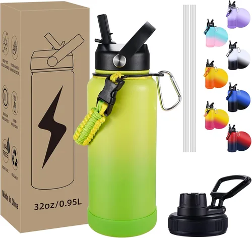 Vista 9 de Botella de Agua Aislada, botellas de agua de boca ancha de acero inoxidable de 32 onzas con 2 tapas a prueba de fugas y mango de paracord, botella