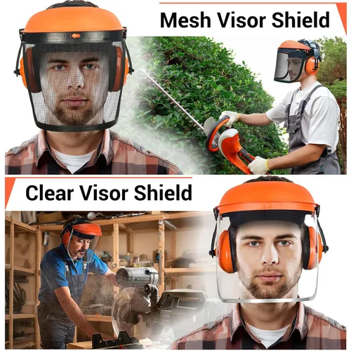 Vista 2 de Escudo facial de seguridad con combinación de protección auditiva, viene con malla y visera transparente para moler carpintería