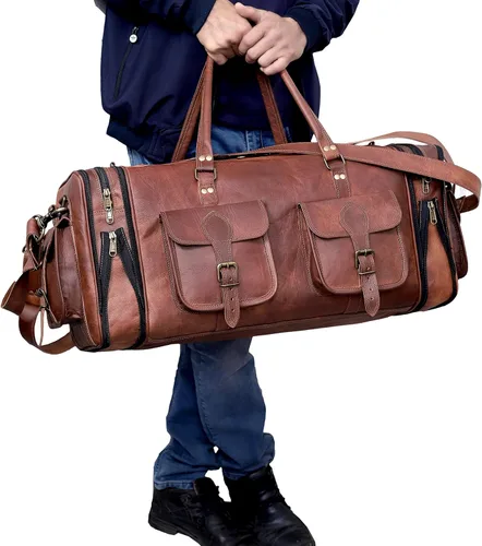 Vista 4 de Bolsa de lona de cuero genuino de 24 pulgadas, hecha a mano, vintage, bolsa de equipaje para hombres, bolsa de viaje para hombre, bolsa de lona